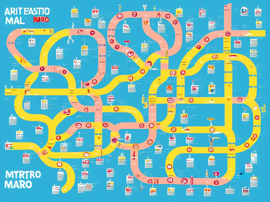 Image similar to a city metro map. the overall layout is akin to an octopus. illustration, infographic, stylised, clean, bold simple colours with legible and dyslexic friendly fonts.