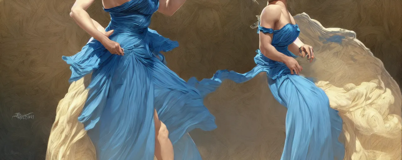 Image similar to full figure ultra realistic illustration, tessa thompson wearing a maiden blue dress, blonde flowy hair, old west, intricate, elegant, highly detailed, digital painting, artstation, concept art, smooth, sharp focus, illustration, art by artgerm and greg rutkowski and alphonse mucha