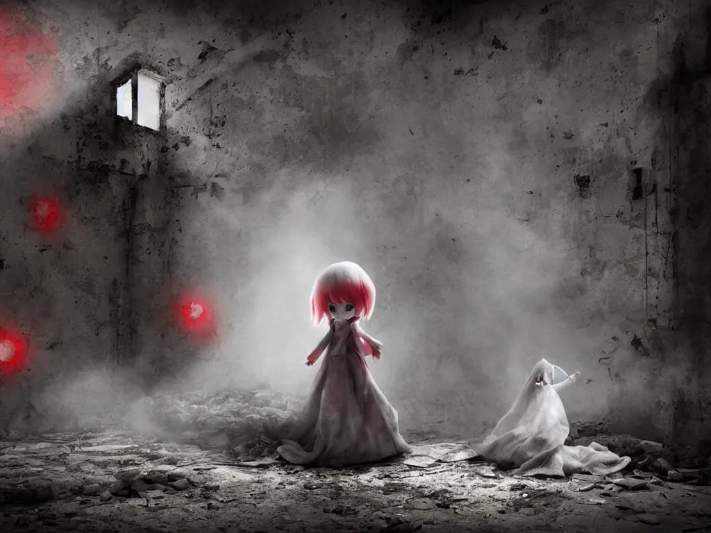 Image similar to cute fumo plush girl ghost in a mysterious concrete wartorn brutalist ruin, chibi gothic wraith maiden of the afterlife, dramatic three point lighting, glowing wisps of hazy smoke and volumetric fog swirling about an ominous red glow, production volume rendering, vray