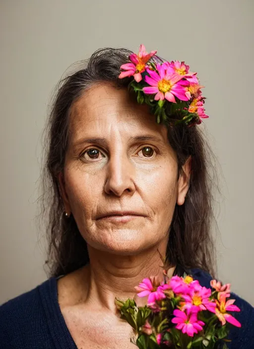 Prompt: portrait of a 5 2 year old woman, symmetrical face, flowers in her hair, she has the beautiful calm face of her mother, slightly smiling, ambient light