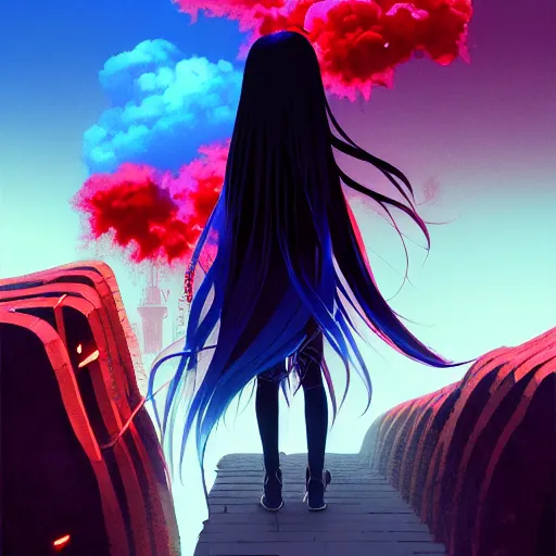 Prompt: low - angle shot from behind of a long blue - haired girl in a tailcoat overlooking hell, combat boots, noir, screenshot, sharp focus, intricate, illustration, cell shaded, digital painting, highly detailed, straight hair, art by ilya kuvshinov, wlop, greg rutkowski, studio quality, james jean