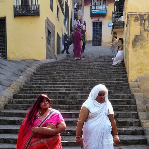 Image similar to an obese Indian woman and Jodie Marsh on steps in Porto, greg rutkowski