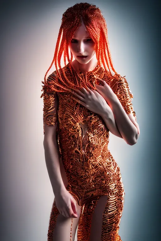 Image similar to beautifull cyberpunk woman model, wearing organic coral outfit, gold tendrils, luxury materials, symmetrical, cinematic, elegant, professional studio light, real dlsr photography, sharp focus, 4 k, ultra hd, sense of awe, high fashion