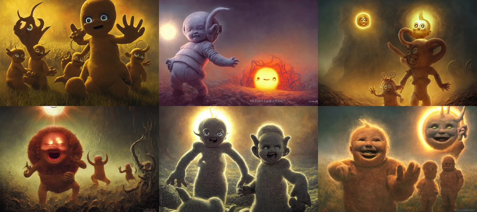 Prompt: highly detailed elden ring portrait photo of the mumakil teletubbies tormenting the souls of the damned in a dystopian hell, a baby face depicted as the sun in the background, hyperrealistic illustration by william didier pouget and tomasz alen kopera