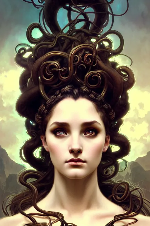 Image similar to greek medusa closeup filled background around face, fantasy magic, undercut hairstyle, dark light night, intricate, elegant, sharp focus, illustration, highly detailed, digital painting, concept art, matte, art by wlop and artgerm and greg rutkowski and alphonse mucha, masterpiece