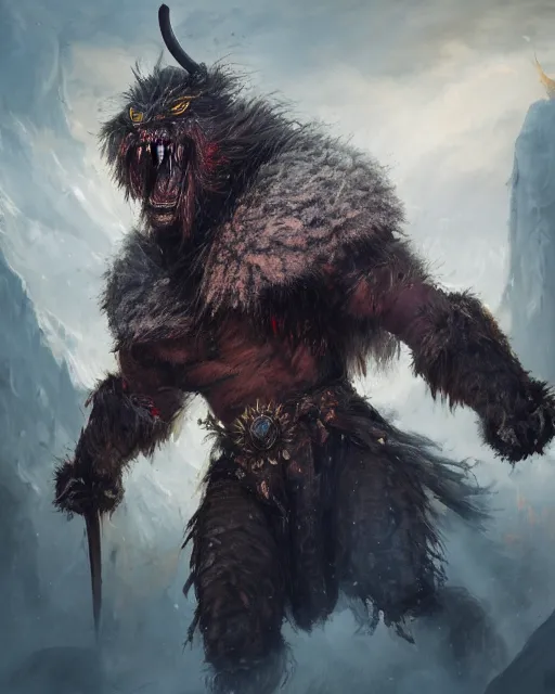 Prompt: oil painting of Angry Anthropomorphized Lama Berserker, wearing fur armor, claws, sharp focus, attack pose, fantasy style, octane render, volumetric lighting, 8k high definition, by greg rutkowski, highly detailed, trending on art Station, magic the gathering artwork, burning Battlefield background, centered