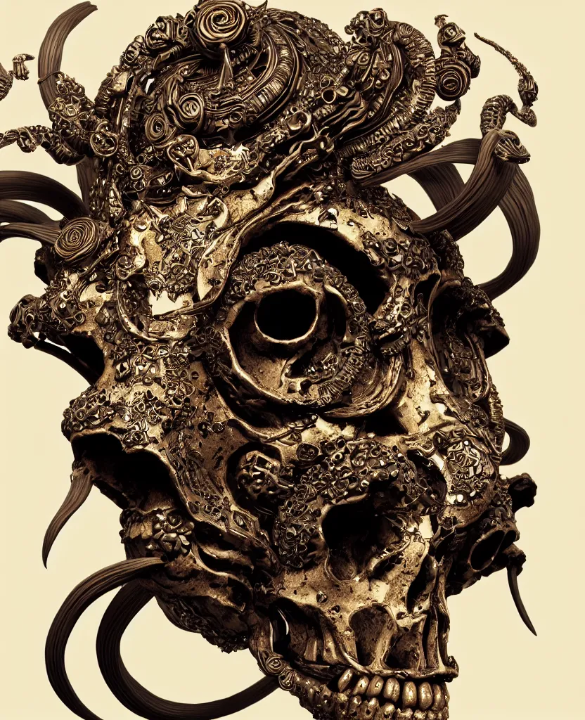 Image similar to goddess princess face close-up portrait ram skull. sculpture made of black clay and gold. jellyfish phoenix head, nautilus, orchid, skull, betta fish, bioluminiscent creatures, intricate artwork by Tooth Wu and wlop and beeple. octane render, trending on artstation, greg rutkowski very coherent symmetrical artwork. cinematic, hyper realism, high detail, octane render, 8k