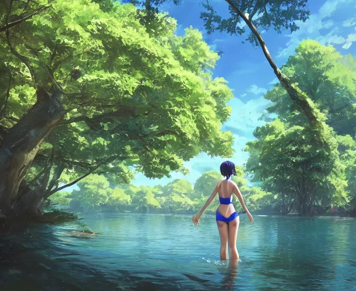 Prompt: a girl wearing a blue bathing suit wading in the river, trees bent over the river, shady, ripples, facing the camera, inviting, atmospheric lighting. By Makoto Shinkai, Stanley Artgerm Lau, WLOP, Rossdraws, James Jean, Andrei Riabovitchev, Marc Simonetti, krenz cushart, Sakimichan, trending on ArtStation, digital art.