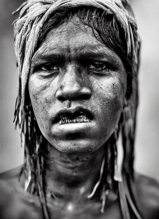 Image similar to Award winning Editorial photo of a Native Nauruans with incredible hair and beautiful hyper-detailed eyes wearing traditional garb by Lee Jeffries, 85mm ND 5, perfect lighting, gelatin silver process