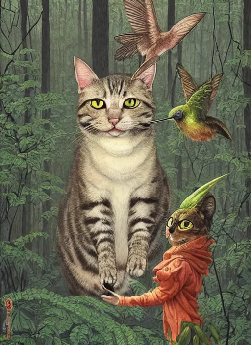 Image similar to a hyper realistic illustrated cat with playing with a hummingbird on its paw in the woods gorgeous lighting, lush forest foliage painting by chiara bautista and beksinski and norman rockwell and greg rutkowski weta studio, and lucasfilm