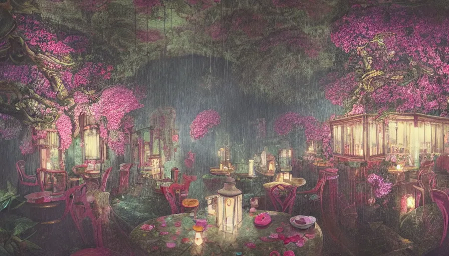 Image similar to James Jean painting of a 35mm film still of a very surreal magical European castle cafe in a lush waterfall garden, falling cherry blossoms pedals, in the style of Gucci and Wes Anderson glowing lights and floating lanterns, foggy atmosphere, rainy, moody, muted colors, magic details, very detailed, 8k, cinematic look