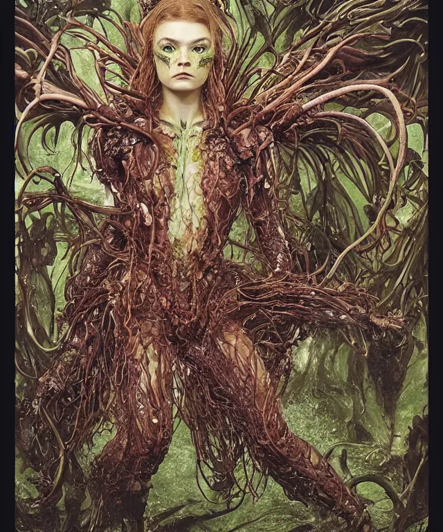 Prompt: portrait photograph of a fierce sadie sink as an alien harpy queen with slimy amphibian skin. she is trying on evil bulbous slimy organic membrane fetish fashion and transforming into a latex succubus amphibian villian medusa. by donato giancola, walton ford, ernst haeckel, brian froud, hr giger. 8 k, cgsociety