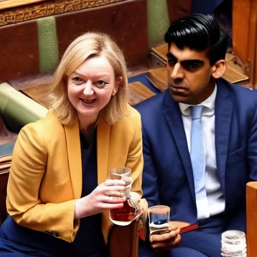 Image similar to Liz truss and Rishi sunak at parliament drinking barrells of oil. Daily Telegraph.
