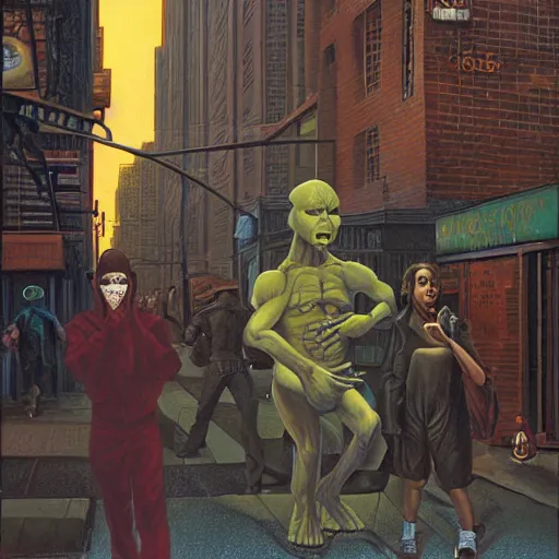 Image similar to a man is followed through the lower east side by strange figures he can only half - see. high quality high detail painting by david mattingly and ralph mcquarrie and richard corben, hd, realistic matte painting, photorealistic lighting, modern supernatural urban horror