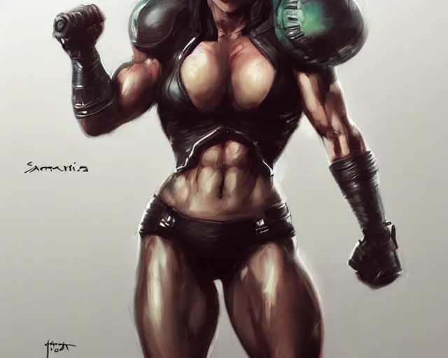 Image similar to portrait of samus aran as a very attractive female bodybuilder ninja, elegant, fantasy, hd shot, digital portrait, beautiful, artstation, comic style, by artgerm, guy denning, jakub rozalski, magali villeneuve and charlie bowater