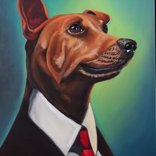 Prompt: an oil painting of a dog wearing a suit, dramatic lighting