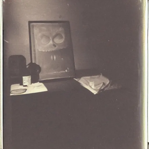 Image similar to old polaroid of a demon apearing in a dark spot of a room