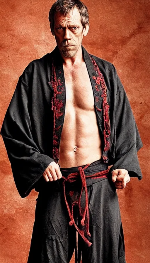 Prompt: hugh laurie as the kung fu master, masculine, muscular, sweaty, angry, no shirt, intricate, wearing torn kimono pants, crazy camera angles, heartthrob, hero, intricate, symmetrical features, perfect hands, full body, highly - detailed,