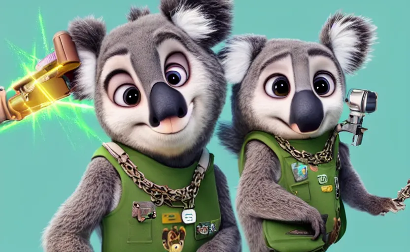 Image similar to “ cute koala with very big eyes, wearing a bandana and chain, holding a laser gun, standing on a desk, digital art, award winning, in the style of the movie zootopia ”