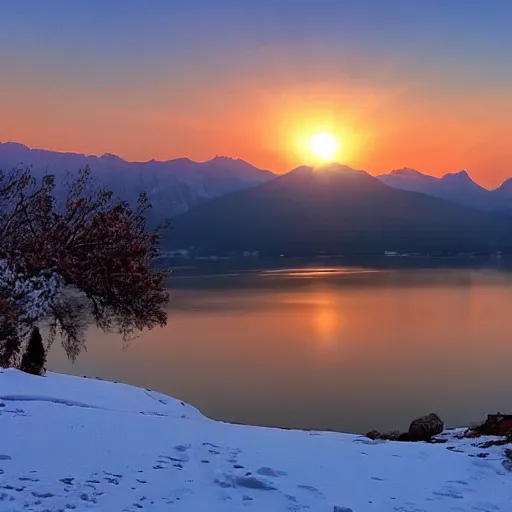 Image similar to sun setting over Italian Lake, snowy mountains in the background,