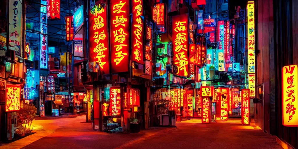 Image similar to living room designed to look like a tokyo alley at night, with neon signs, photography