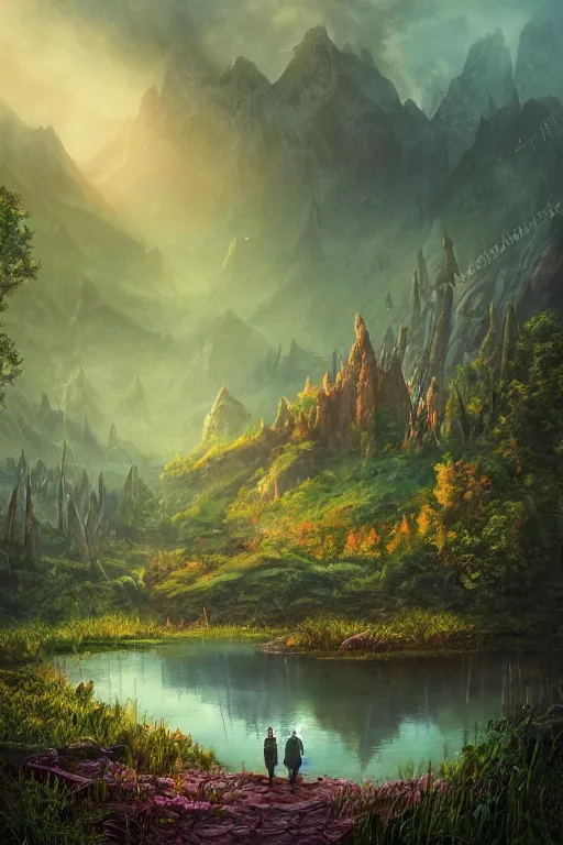 Image similar to beautiful matte painting by lovecraftian style, fantasy path mountains and meadow in the background near a lake reflecting the trees, atmospheric lighting, painted, intricate, volumetric lighting, beautiful, rich deep colors masterpiece, sharp focus, ultra detailed by