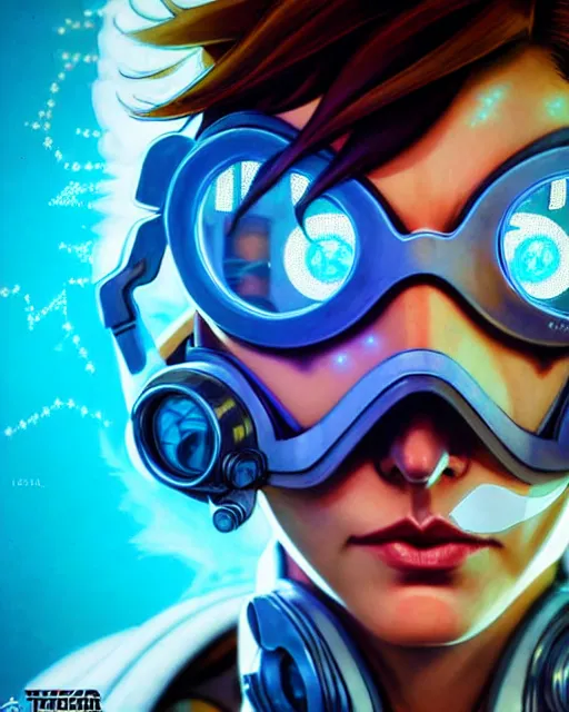 Prompt: tracer from overwatch, see through glass hologram mask, character portrait, portrait, close up, concept art, intricate details, highly detailed, vintage sci - fi poster, retro future, vintage sci - fi art, in the style of chris foss, rodger dean, moebius, michael whelan, and gustave dore