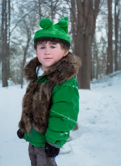 Image similar to portrait photo still of real life young stan marsh wearing a green trapper hat, 8 k, 8 5 mm, f. 1 4