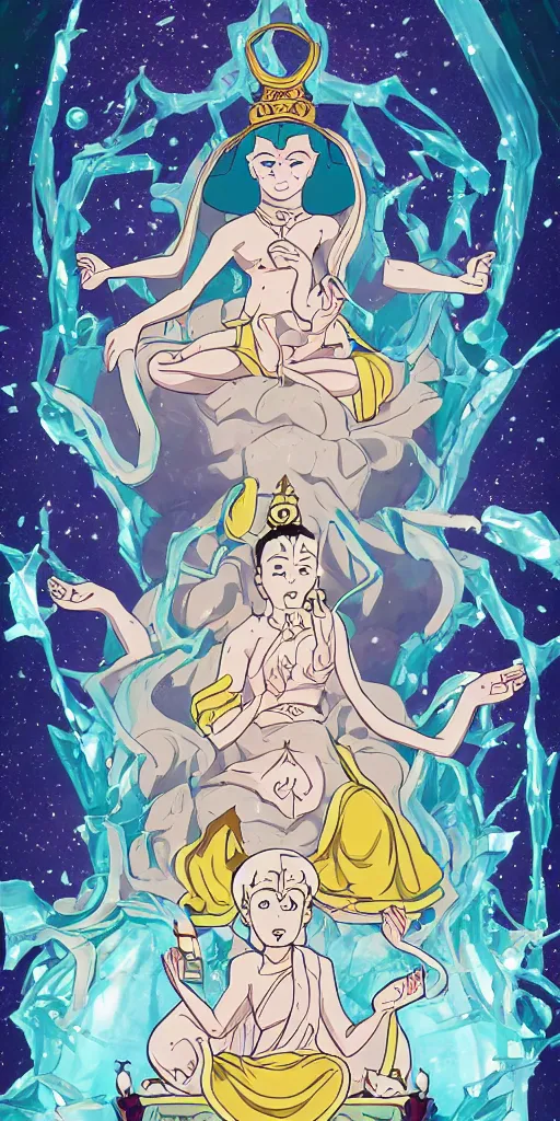 Prompt: buddha sitting on a throne of ice drawn by studio trigger, in the style of Little Witch Academia, spiritual enlightenment, tarot card