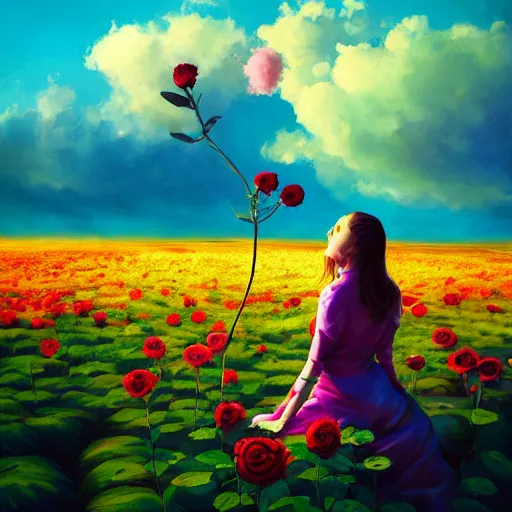 Image similar to giant rose flower head, full body girl sitting in a flower field, surreal photography, sunrise, dramatic light, impressionist painting, colorful clouds, digital painting, artstation, simon stalenhag