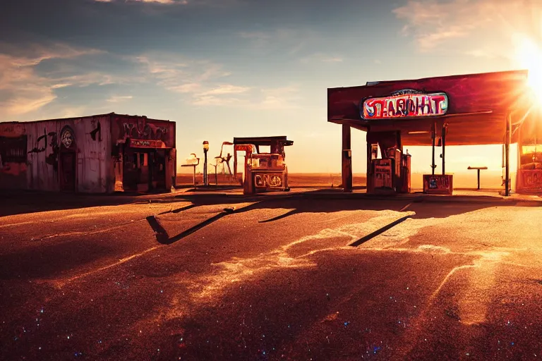 Image similar to a sunset light landscape with historical route 6 6, lots of sparkling details and sun ray ’ s, blinding backlight, smoke, volumetric lighting, colorful, octane, 3 5 mm, abandoned gas station, old rusty pickup - truck, beautiful epic colored reflections, very colorful heavenly, softlight