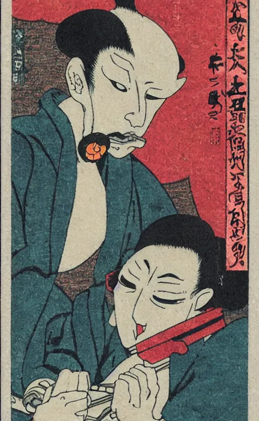 Prompt: by akio watanabe, manga art, a man masked as tengu sitting and smoking, abandoned japaense village, trading card front