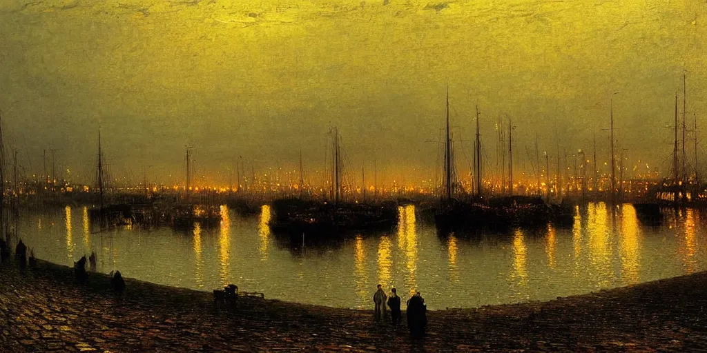 Prompt: Victorian harbour night, A beautiful painting of john atkinson grimshaw, autumn