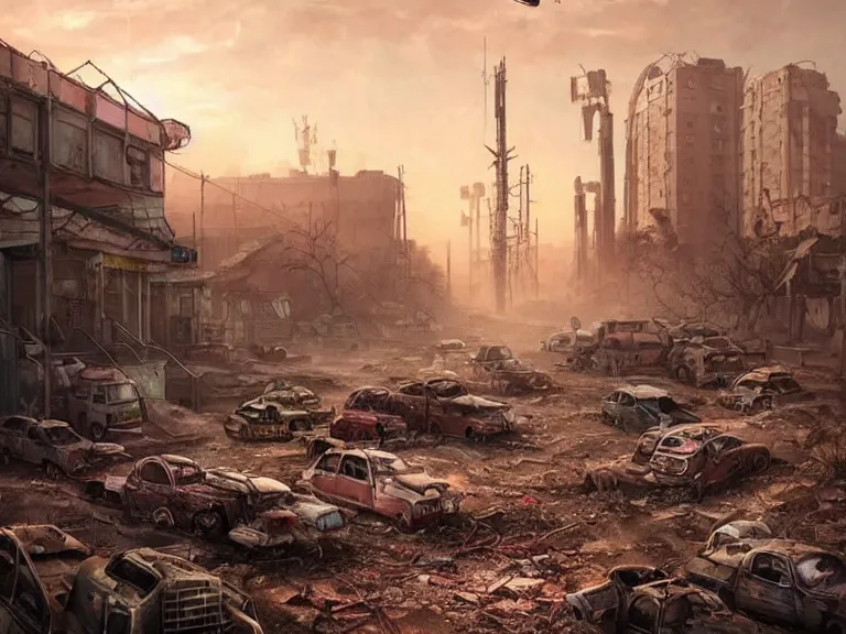 Image similar to postapocalyptic city of syzran!!!, in fallout style!!!, militaristic!!!, rubble, hyperrealistic, highly detailed, cinematic, pink sunlight, romantic, beautiful, cgssociety, artstation, 8 k, oil painting by greg rutkowski, by artgerm, by wlop