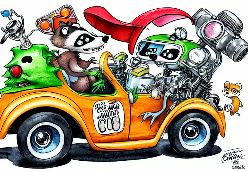 Image similar to cute and funny, racoon riding in a tiny hot rod coupe with oversized engine, ratfink style by ed roth, centered award winning watercolor pen illustration, isometric illustration by chihiro iwasaki, edited by range murata