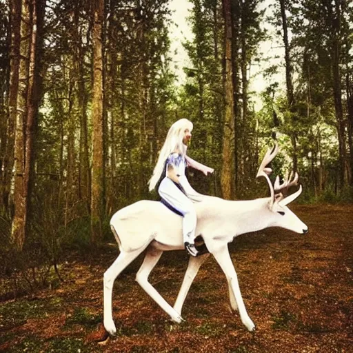 Image similar to “ white elf riding a sacreed deer in a forest ”