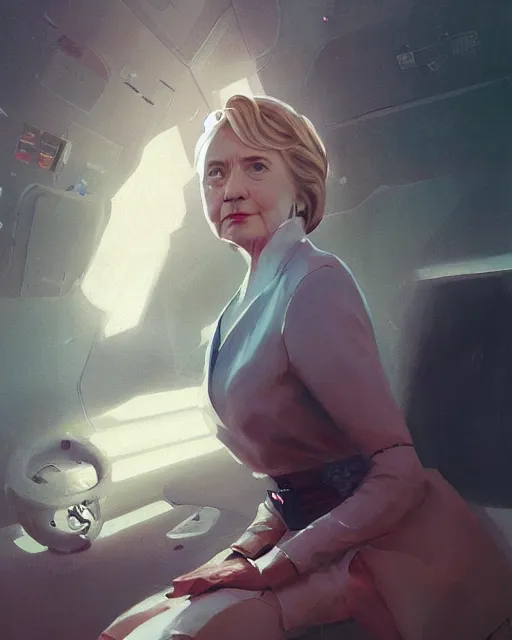 Image similar to hillary clinton in her 2 0's in a spaceship pilot dress, portrait, illustration, rim light, top light, perfectly shaded, spring time, slight overcast lighting, soft painting, art by krenz cushart and wenjun lin