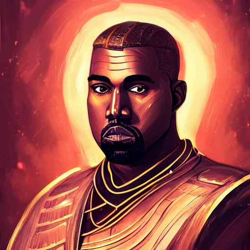 Image similar to portrait of kanye west as an over powered magic lord knight with futuristic upgrades to his armor and long sword, elegant, intricate, headshot, highly detailed, digital painting, artstation, concept art, sharp focus, illustration, art by petros afshar