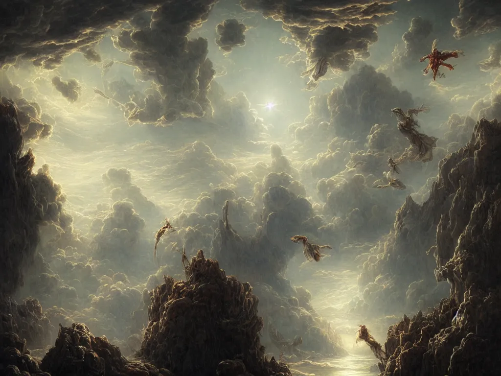 Prompt: Elon Musk opening up the skies with his magic power, Gustave Doré, Tooth Wu and WLOP, cinematic