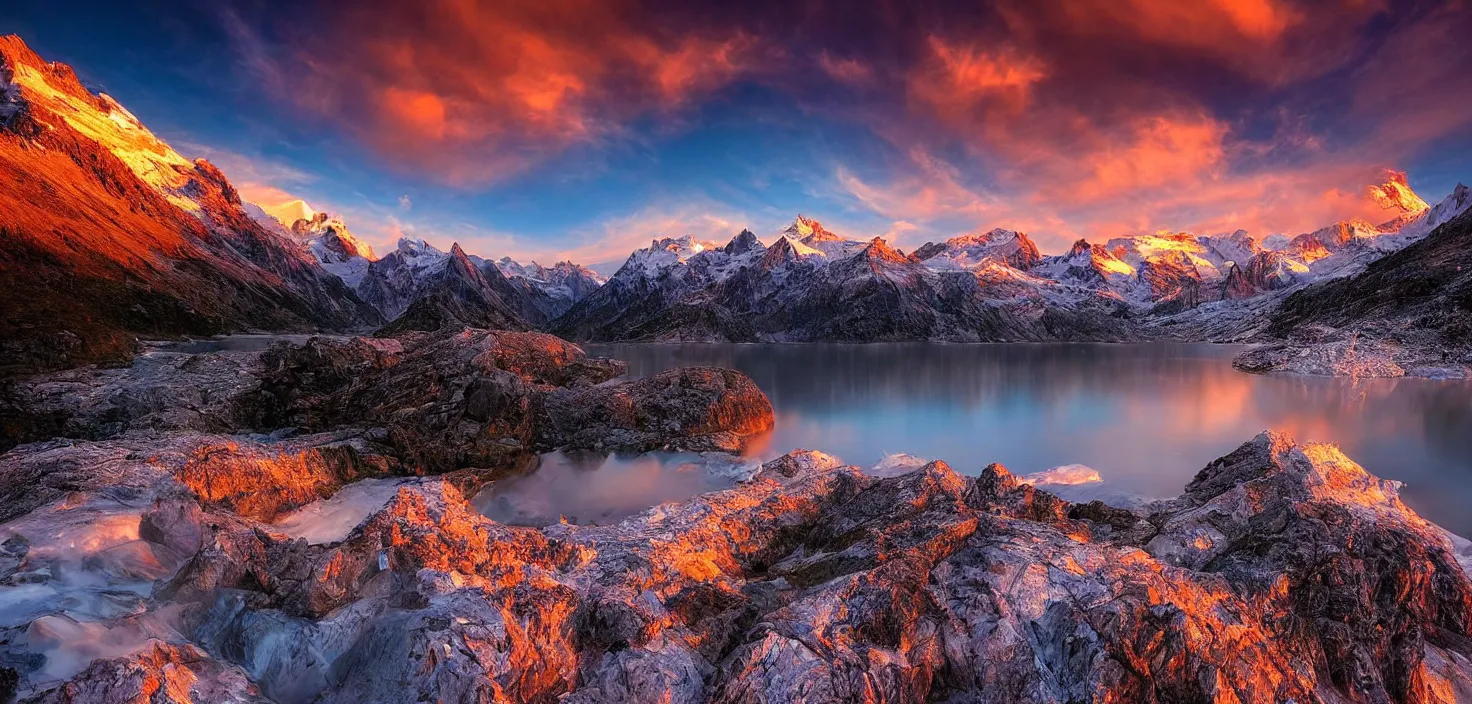 Image similar to amazing landscape photo of mountains with lake in sunset by marc adamus, beautiful dramatic lighting