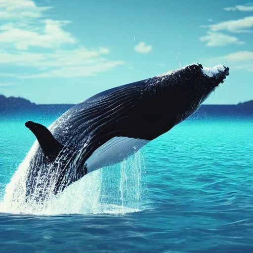 Image similar to a photorealistic whale jumping out of water while smoking a cigar, ultra realistic, octane render