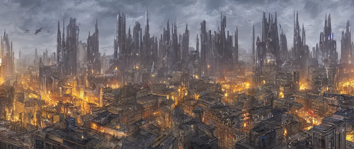 Image similar to digital concept art of dystopian, gothic berlin, high quality, high detail, in the style of Ralph McQuarrie, megacity surrounded by huge impenetrable walls, large hero buildings in the middle towering above the others, tram stations, metro, vivid colours, matte painting, photoshop