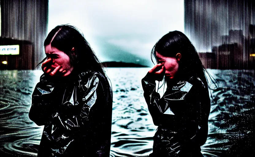 Image similar to cinestill 5 0 d candid photographic portrait by stanley kubrick of two loving female androids sobbing wearing rugged black mesh techwear in treacherous waters, flooded city, long shot, retrofuturism cyberpunk moody emotional cinematic, pouring iridescent rain bright spotlight helicopter, 8 k, hd, high resolution, 3 5 mm, f / 3 2, ultra realistic faces, ex machina