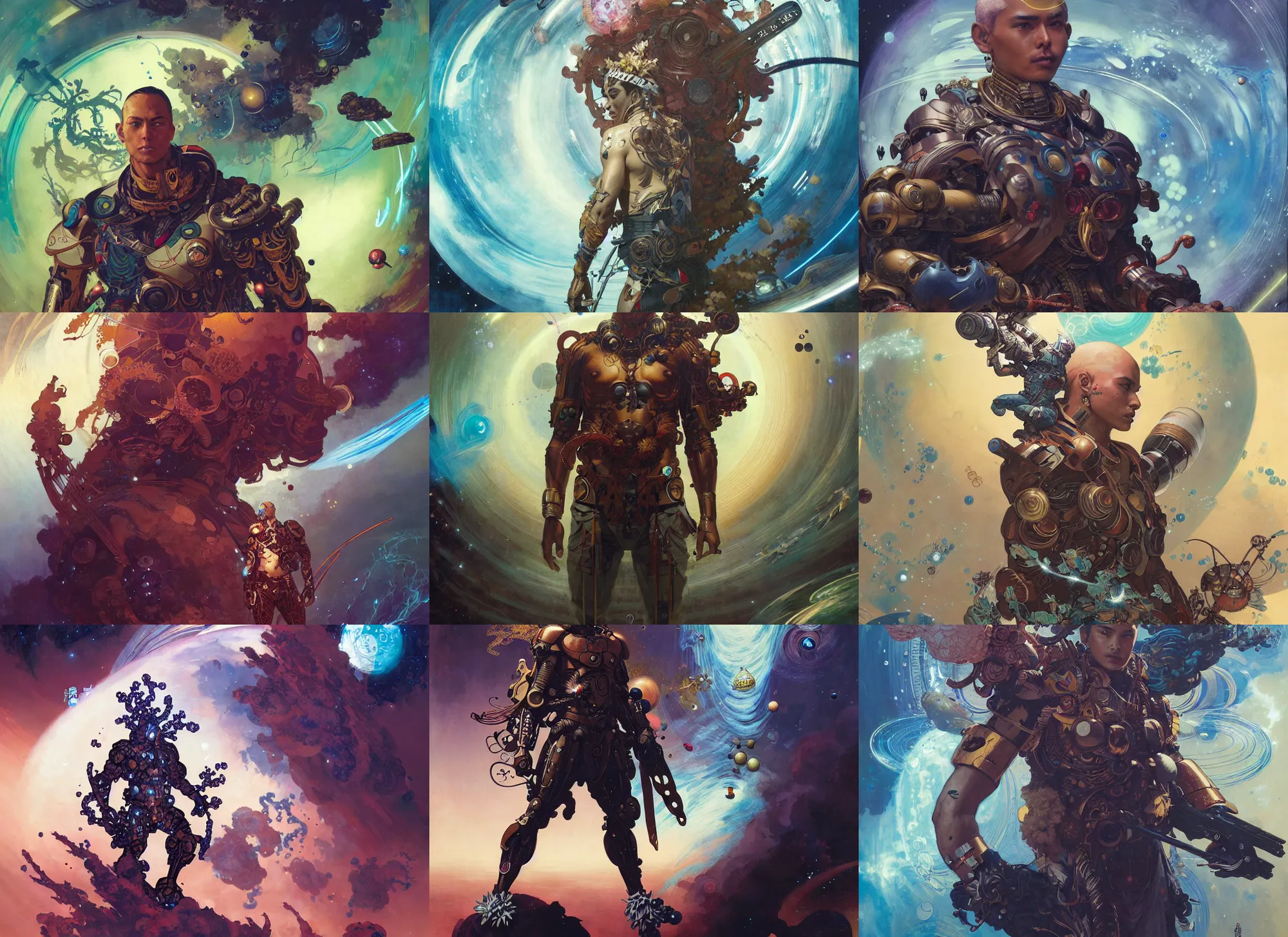Prompt: sigma male hawaiian warrior surrounded by intergalactic planets connected by streams of magical flow, visually stunning, luxurious, by james jean, jakub rebelka, tran nguyen, peter mohrbacher, yoann lossel, wadim kashin