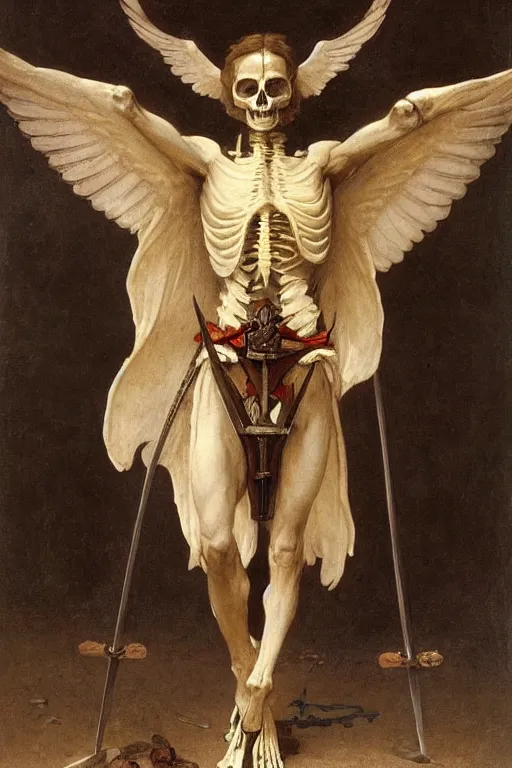 Image similar to portrait of a fully armed skeleton archer with big sword, wearing helmets and armor with wings, symmetrical, solemn, sacred, aura, by bouguereau