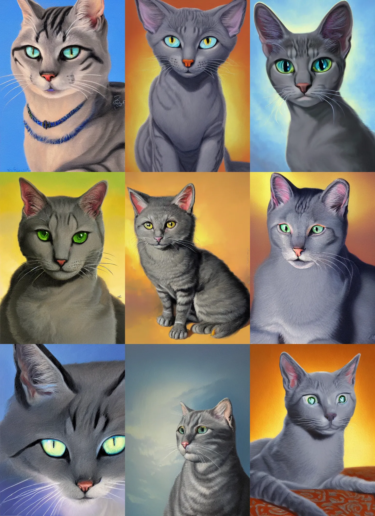 Prompt: painting of Ashfur from Warrior Cats, a light gray cat with dark specks and blue eyes, backlighting, golden hour, art by Kenne Gregoire and Paul Gustav Fischer