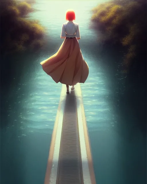 Image similar to photo of chihiro walking along train tracks stretching out toward the horizon that are submerged under a few inches of water, intricate, elegant, highly detailed, digital painting, artstation, concept art, smooth, sharp focus, illustration, art by artgerm and greg rutkowski and fra angelico