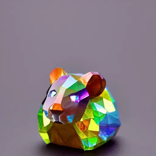 Prompt: photo of cute [ faceted ] figurine made of [ many ] rainbow gems shaped like a ( hamster )