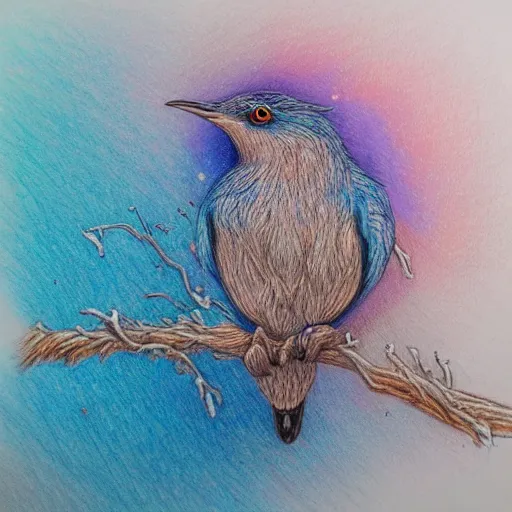 Prompt: Colored pencil art on paper, Frost Spirit Bird, highly detailed, artstation, MasterPiece, Award-Winning, Caran d'Ache Luminance