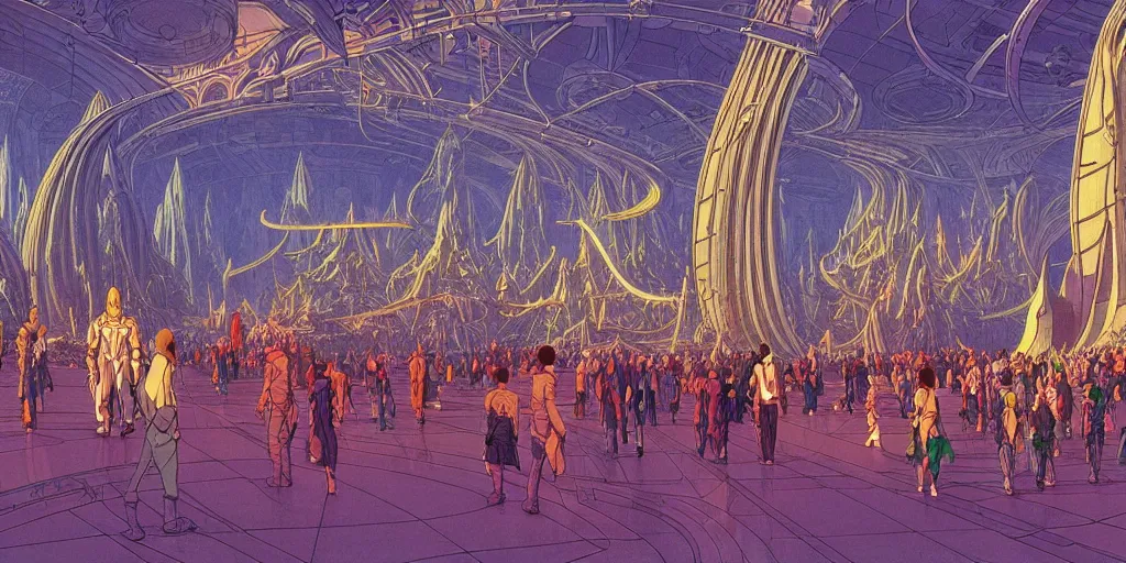 Image similar to cel shaded cinematic shot of the interior of a sci-fi space station with ornate Elven architecture bustling with people, epic castle, emerald, crystalline, detailed illustration, sharp focus, concept art by Moebius, Jean Giraud Moebius